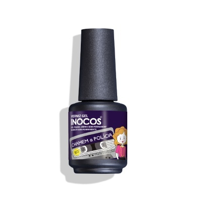 Frasco de verniz gel roxo escuro Inocos com tampa preta e etiqueta colorida com personagem de desenho animado