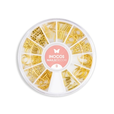Roda branca com acessórios dourados para decoração de unhas e etiqueta INOCOS NAILSDECOR