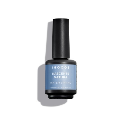 Frasco de verniz gel preto com rótulo azul e texto branco