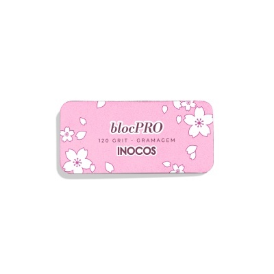 Bloco de lixagem rosa com flores brancas e texto blocPRO 120 GRIT - GRAMAGEM INOCOS