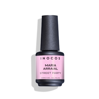 frasco de verniz gel para unhas INOCOS rosa e preto sobre fundo branco
