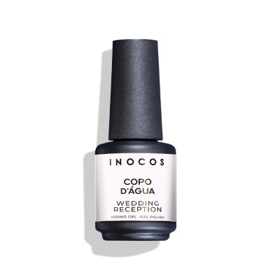 Frasco de verniz gel preto com rótulo branco e texto