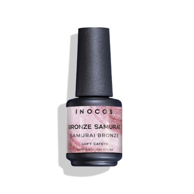 Frasco preto de verniz gel Bronze Samurai da INOCOS com rótulo rosa brilhante