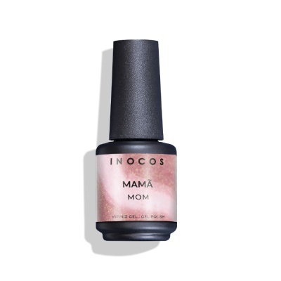 Frasco de verniz gel para unhas INOCOS com rótulo rosa e dourado e tampa preta