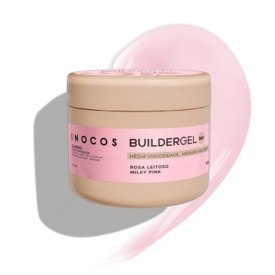 Frasco bege com rótulo rosa de gel para unhas INOCOS BUILDERGEL MV
