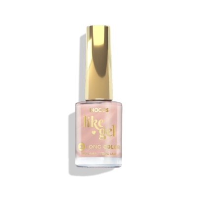 Frasco de verniz de unhas rosa com tampa dourada e texto dourado