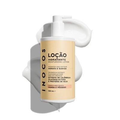 Frasco de loção hidratante INOCOS com rótulo bege