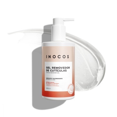 Frasco dispensador branco de gel removedor de cutículas INOCOS com rótulo bege e laranja