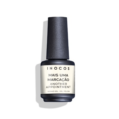 Frasco de verniz gel preto da marca INOCOS com etiqueta branca