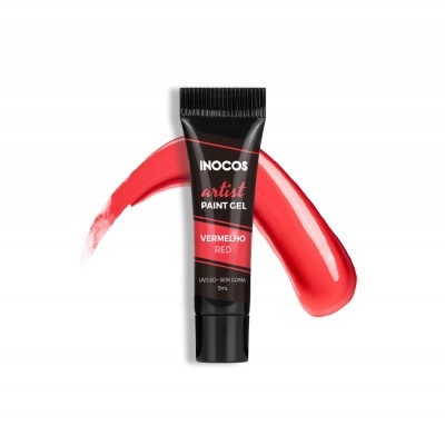 Tubo preto de gel de pintura vermelho Inocos com pincelada vermelha ao fundo