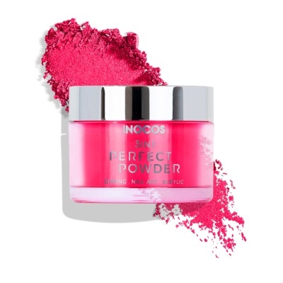 Frasco rosa de pó acrílico para unhas INOCOS 3 em 1 com tampa prateada e pó espalhado ao fundo