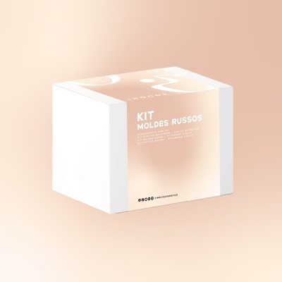 Caixa branca e bege com texto KIT MOLDES RUSSOS e redes sociais