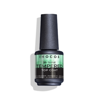 Frasco de Top Coat INOCOS 3D Shine Tempered preto com rótulo verde e preto
