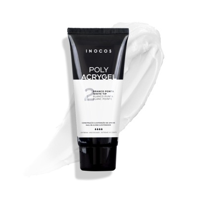 Tubo preto e branco de polygel para unhas da INOCOS chamado POLY ACRYGEL, versão branco ponta.