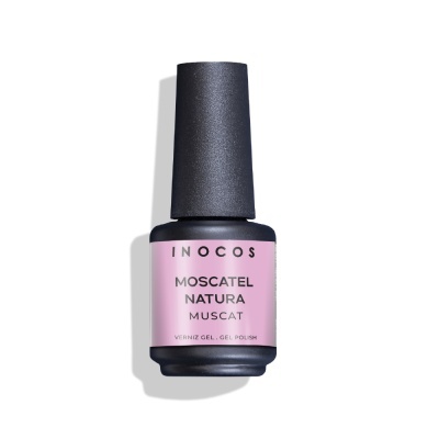 Frasco de verniz gel para unhas INOCOS cor rosada denominado MOSCATEL NATURA com tampa preta.