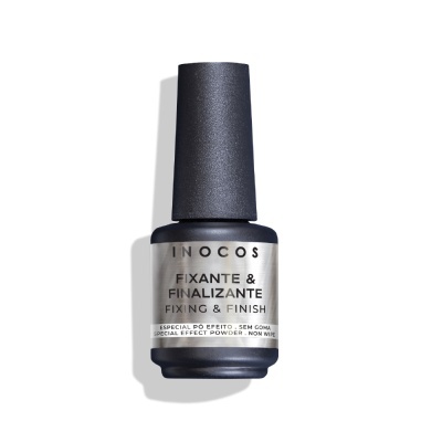 Frasco de verniz para unhas preto fosco da marca INOCOS com rótulo branco
