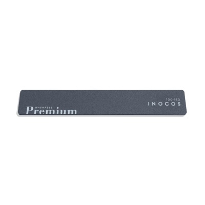 Lima de unhas retangular cinza com texto impresso branco