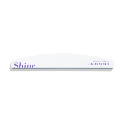 Lima para unhas branca com texto roxo Shine e INOCOS