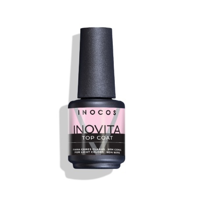 Frasco de verniz top coat Inocos Inovita preto fosco com rótulo rosa e preto
