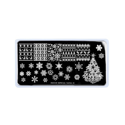 Placa metálica preta com desenhos brancos de Natal para decoração de unhas