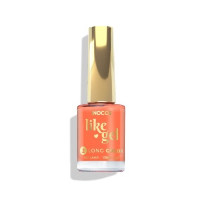 Frasco de verniz de unhas coral com tampa dourada e texto impresso.