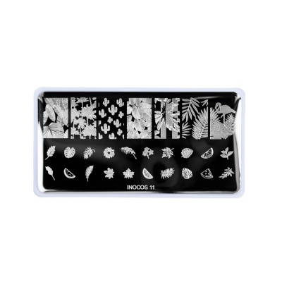Placa de carimbo para unhas INOCOS 11 com desenhos brancos em fundo preto