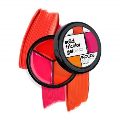 Palete de gel para unhas solid tricolor gel 08 da INCOS com gel nas cores rosa, vermelho e laranja