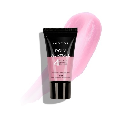 Poliacril gel rosa claro INOCOS em tubo preto e rosa sobre fundo branco