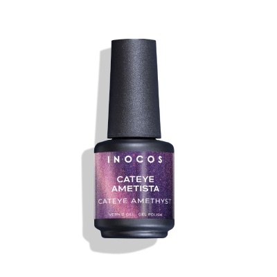 Frasco de verniz gel para unhas INOCOS Cateye Ametista com tampa preta e rótulo roxo brilhante