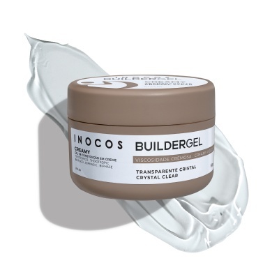 Frasco de gel de construção INOCOS Buildergel com rótulo branco e tampa castanha