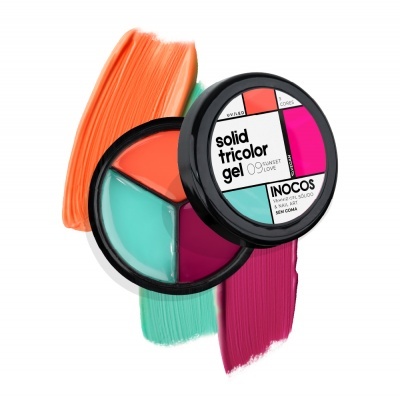 Gel tricolor sólido para unhas INOCOS com três cores distintas em embalagem redonda preta