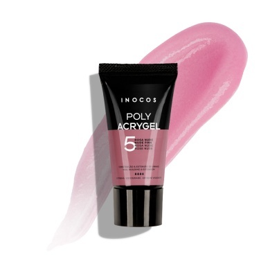 Tubo de poliacril gel rosa nude da INOCOS com textura de gel por trás.