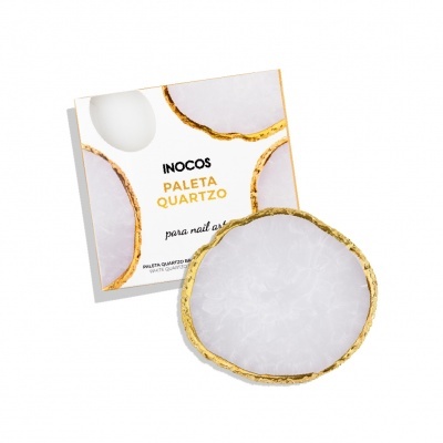 Paleta redonda branca com borda dourada e caixa da paleta para nail art