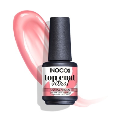 Frasco de verniz INOCOS top coat vitral coral vidro com tampa preta e efeito de esmalte rosa coral