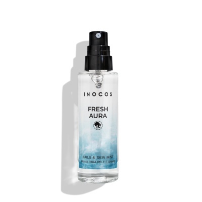 Frasco de spray transparente com tampa preta e rótulo azul e branco