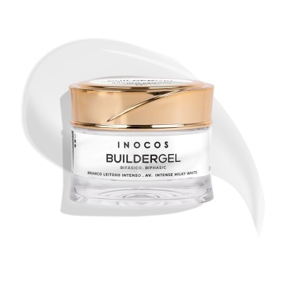 Frasco de gel bifásico branco leitoso com tampa dourada