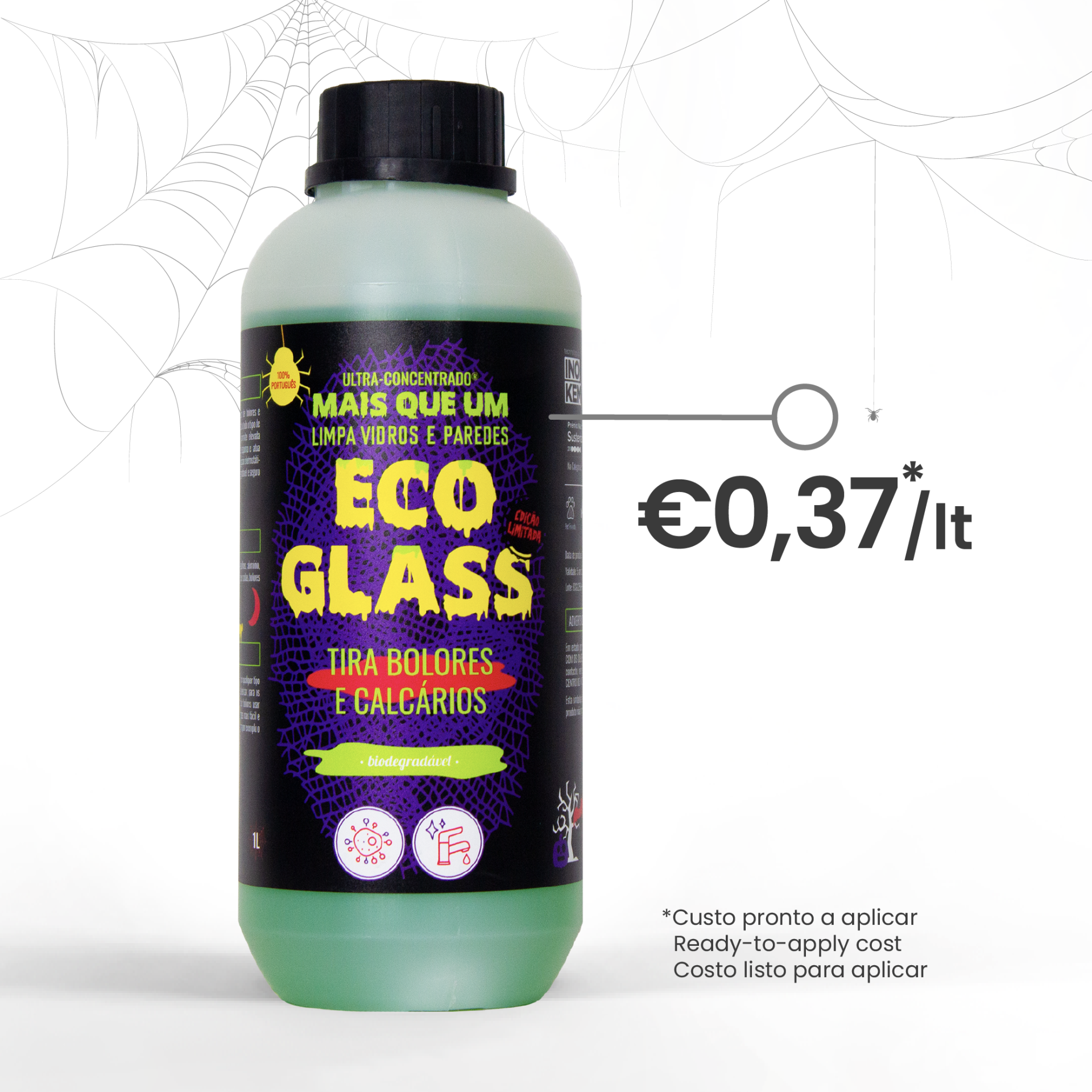 ECO GLASS | Limpa vidros, tira bolores, calcários 🎃 Edição limitada Halloween Frasco de produto de limpeza Eco Glass com preço e texto informativo