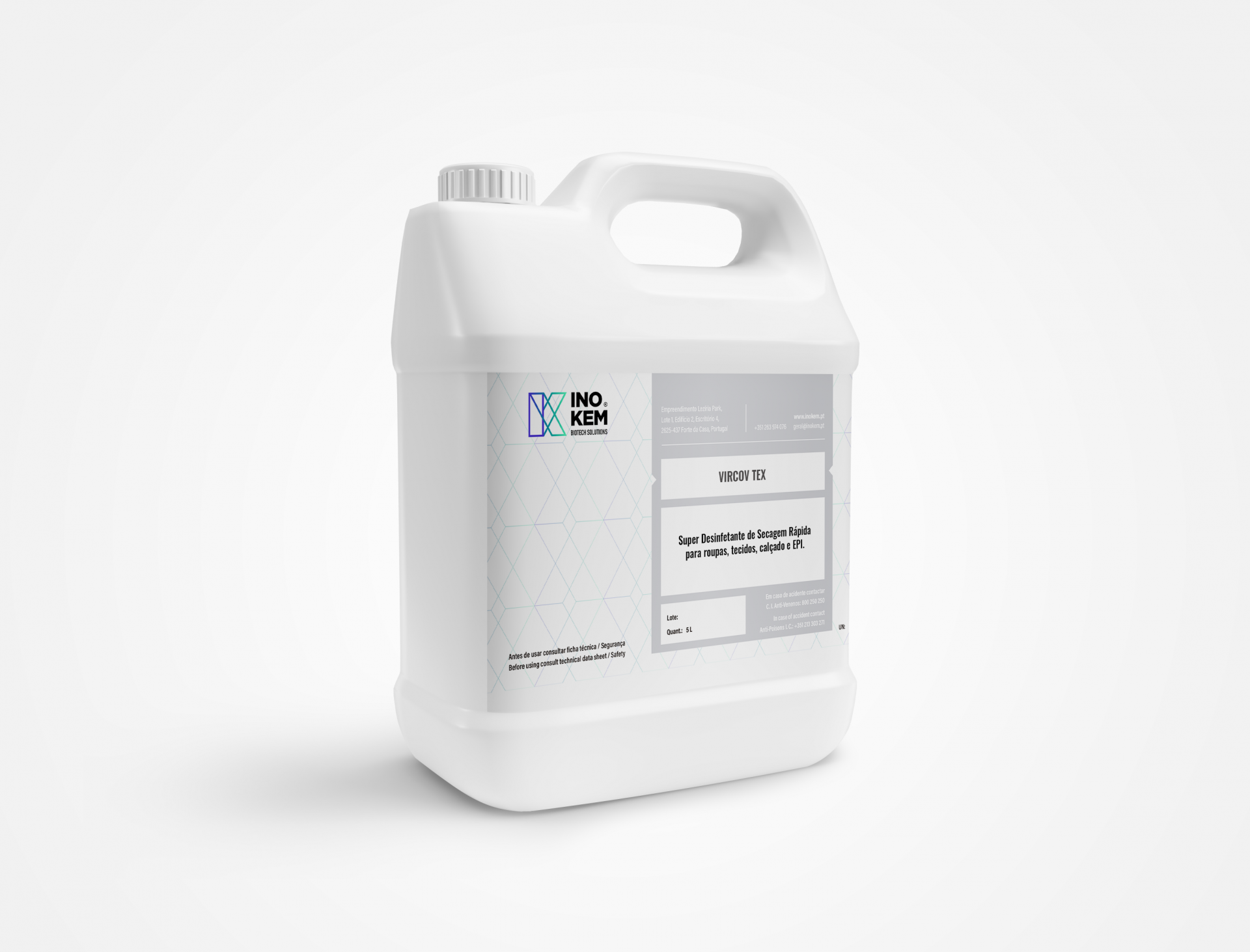 Desinfetante para todo o tipo de tecidos e roupa - Vircov Tex Recipiente plástico branco com tampa e etiqueta HQ KEM PROCI ED