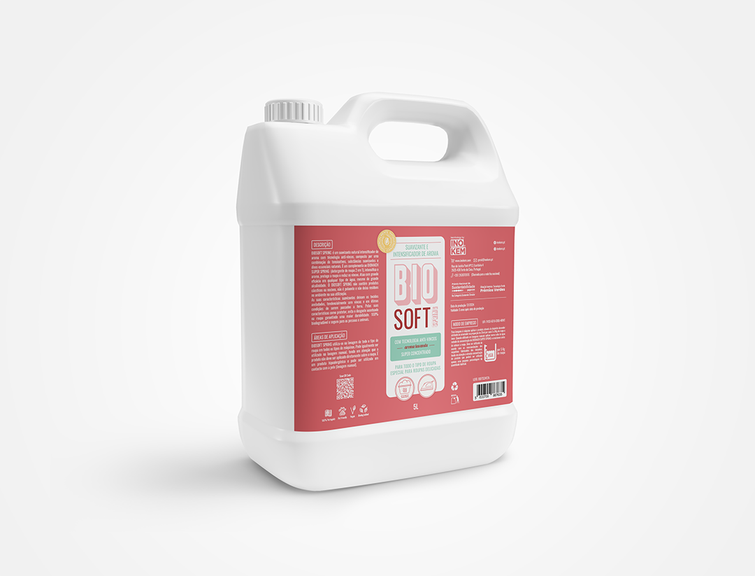 Intensificador de perfume e anti-vincos para roupa- BIOSOFT SPRING (lavanda) Recipiente plástico branco com rótulo rosa BIO SOFT