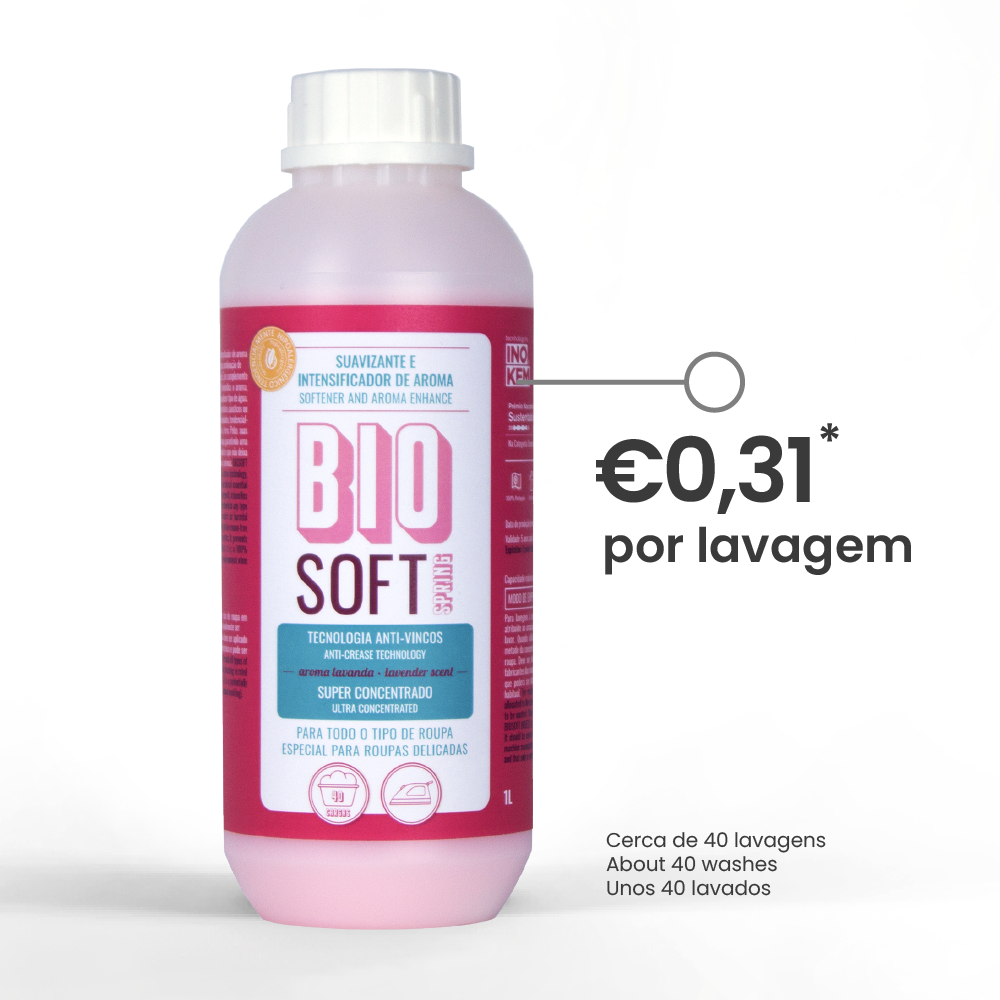 Intensificador de perfume e anti-vincos para roupa- BIOSOFT SPRING (lavanda) Frasco de amaciante BIO SOFT rosa e branco 1 litro com etiqueta detalhada e preço por lavagem
