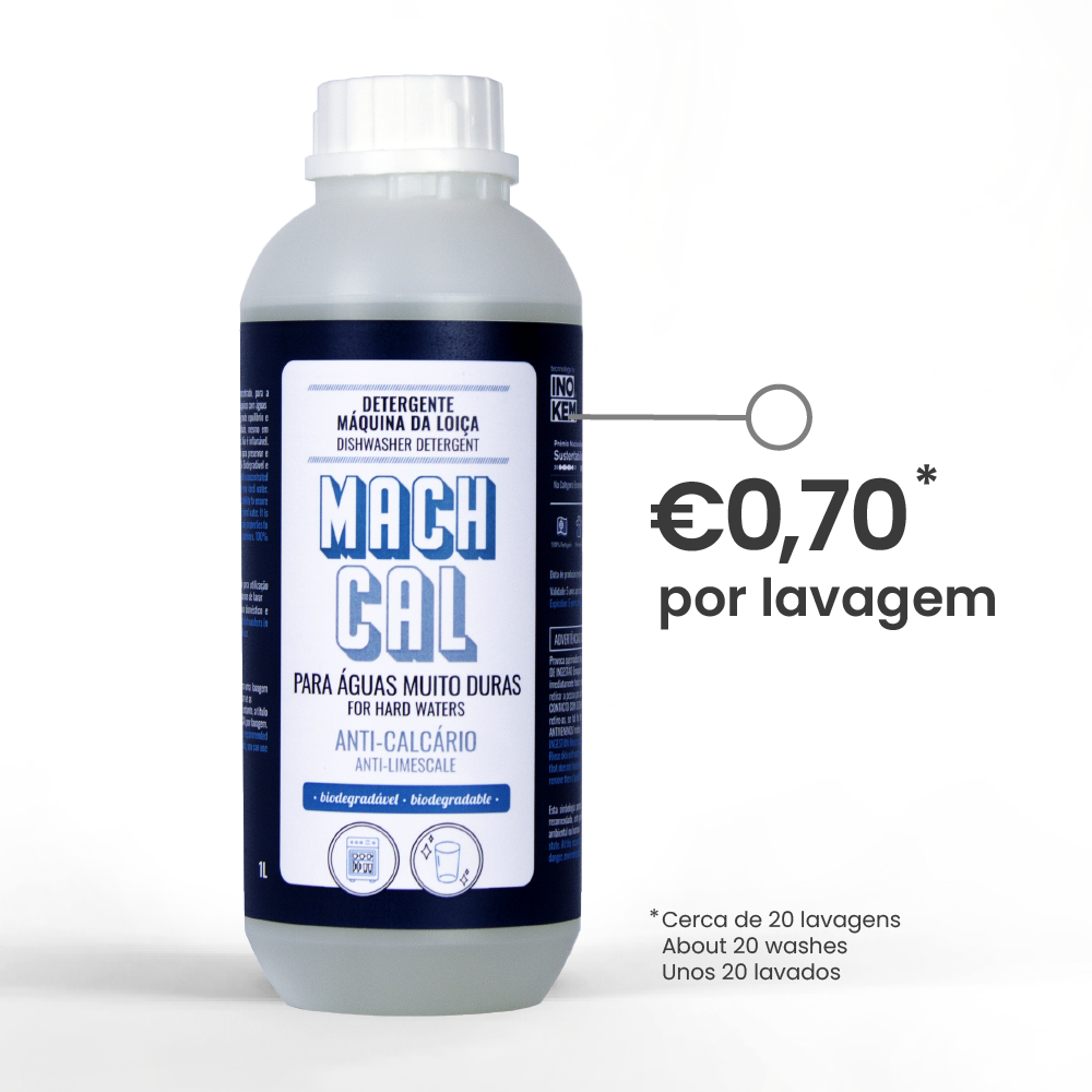Detergente máquina da loiça para águas duras - MACH CAL Detergente para máquina da loiça MACH CAL anti-calcário 1L com rótulo azul e branco e preço ao lado