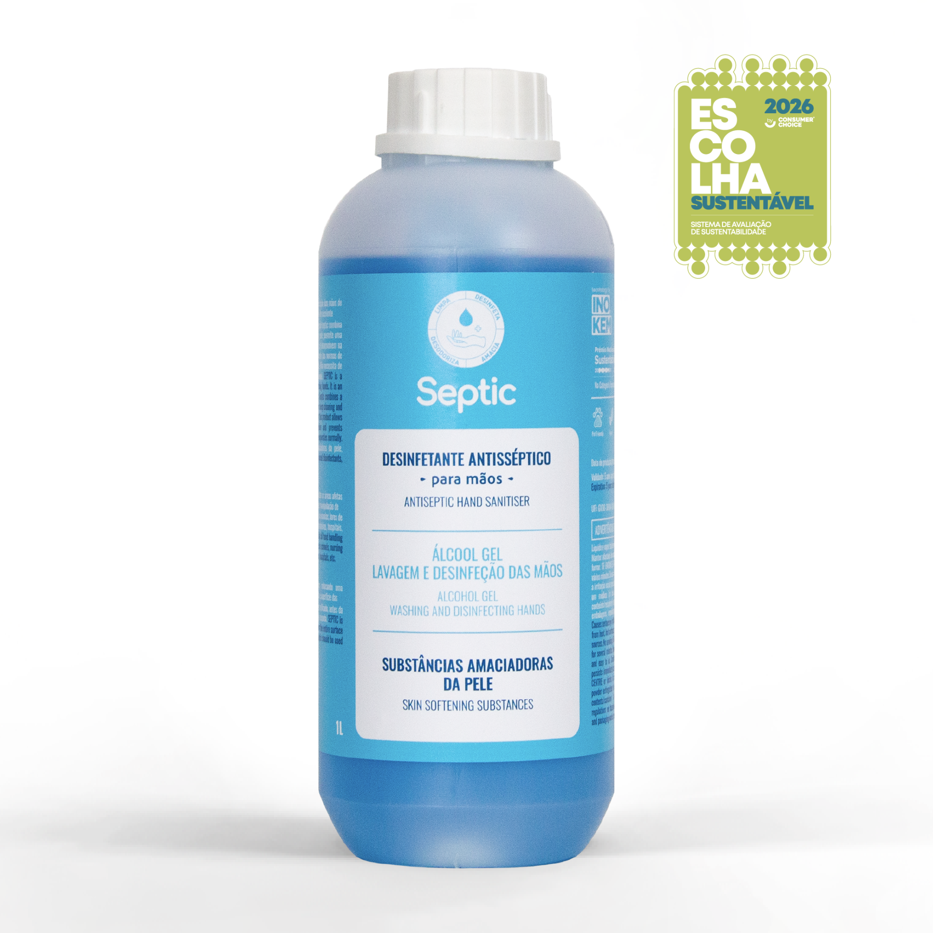 Desinfetante de mãos - Septic Frasco azul de desinfetante antisséptico para mãos com selo escolha sustentável