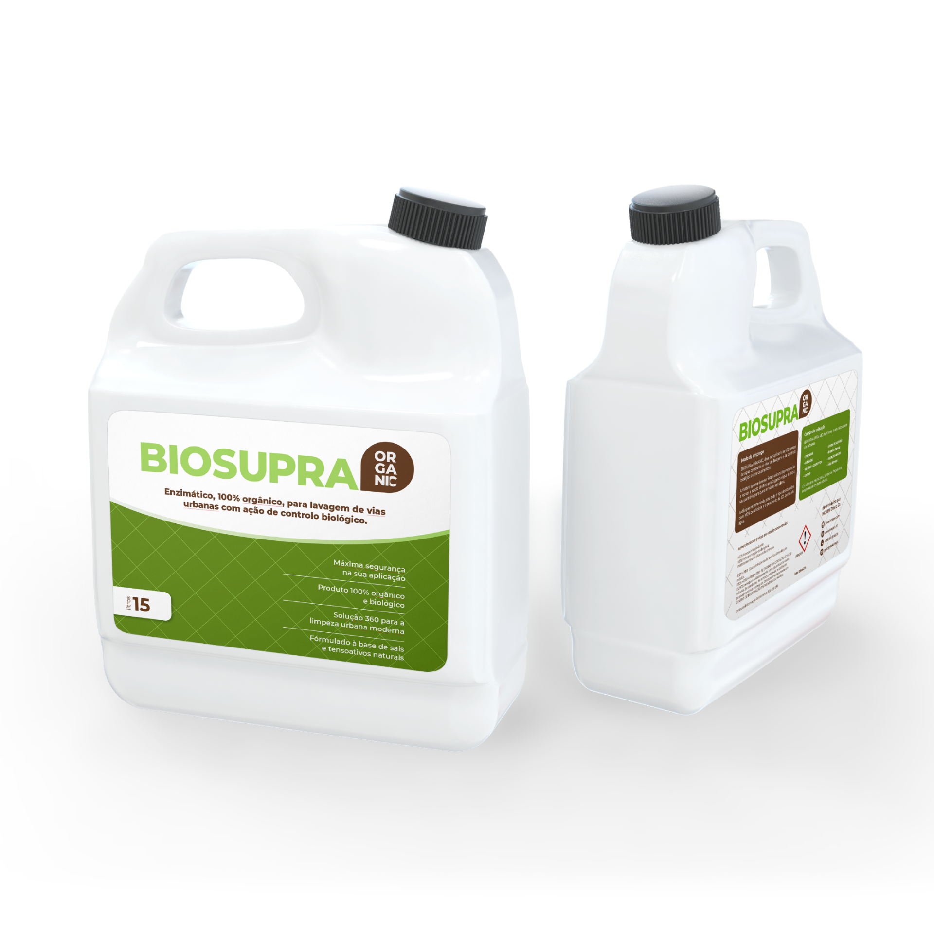 Limpeza e deservagem biológica - BIOSUPRA ORGANIC Duas galões plásticos brancos com etiquetas verdes BIOSUPRA e tampas pretas