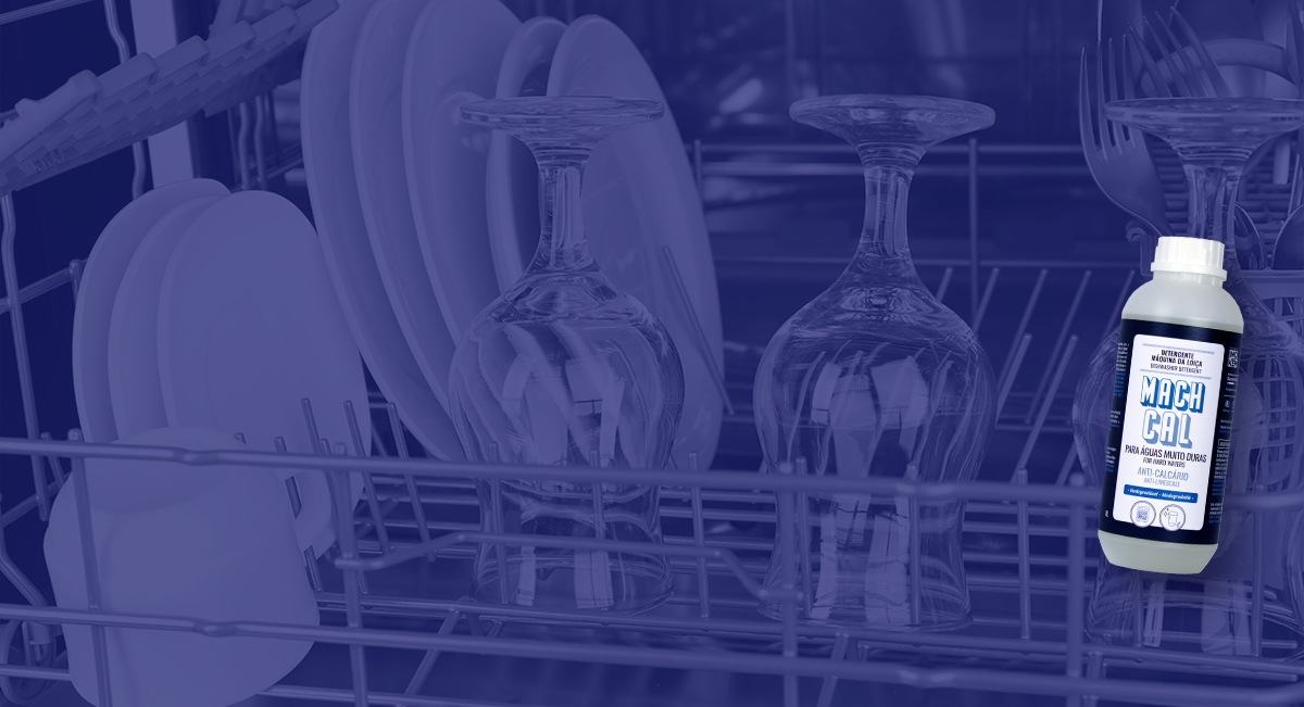 Interior de máquina de lavar loiça com pratos brancos, taças de vinho invertidas e garrafa KETA CIL