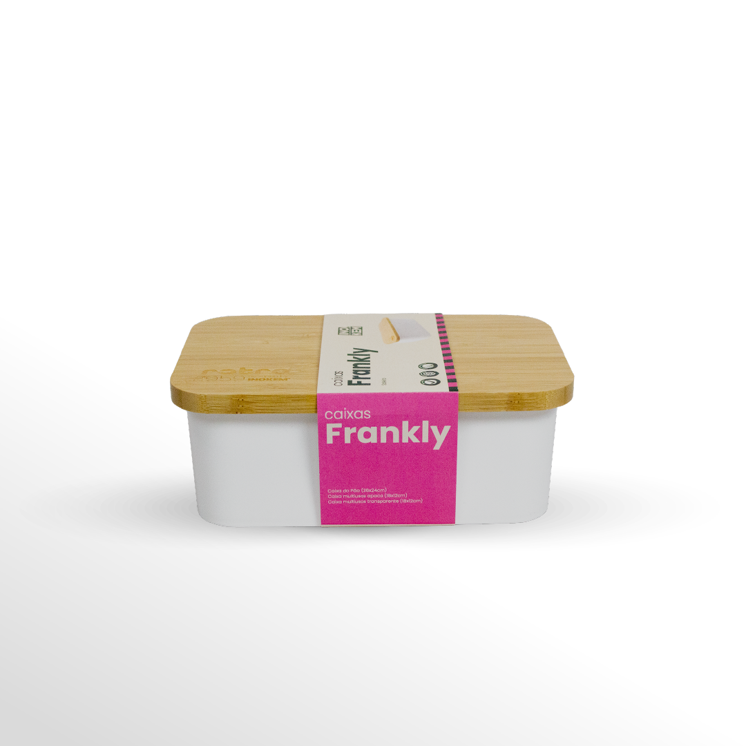 FRANKLY – Set 3 Peças cozinha | Caixa do pão · Saleiro · Manteigueira Caixa branca com tampa em madeira clara e faixa rosa com texto