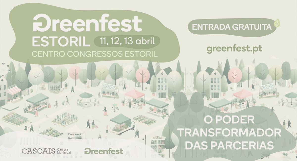 Cartaz do evento Greenfest em Estoril com datas, local, entrada gratuita e ilustração de espaço exterior com tendas e pessoas