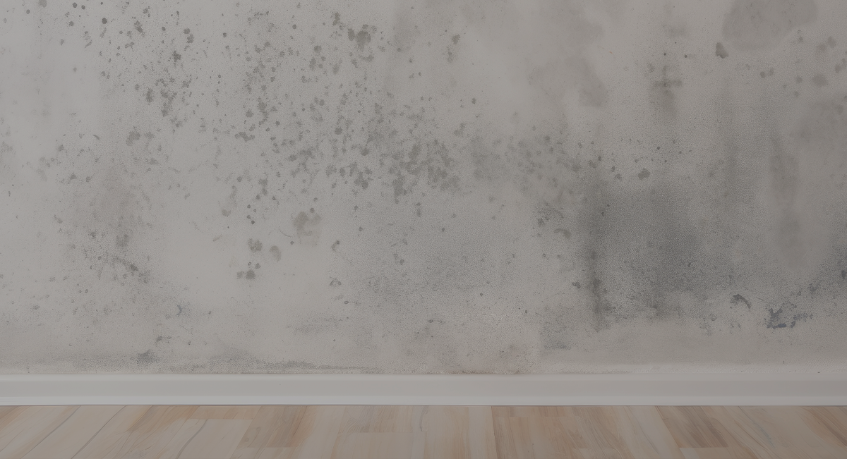 Parede interior com textura e manchas escuras, rodapé branco e chão de madeira