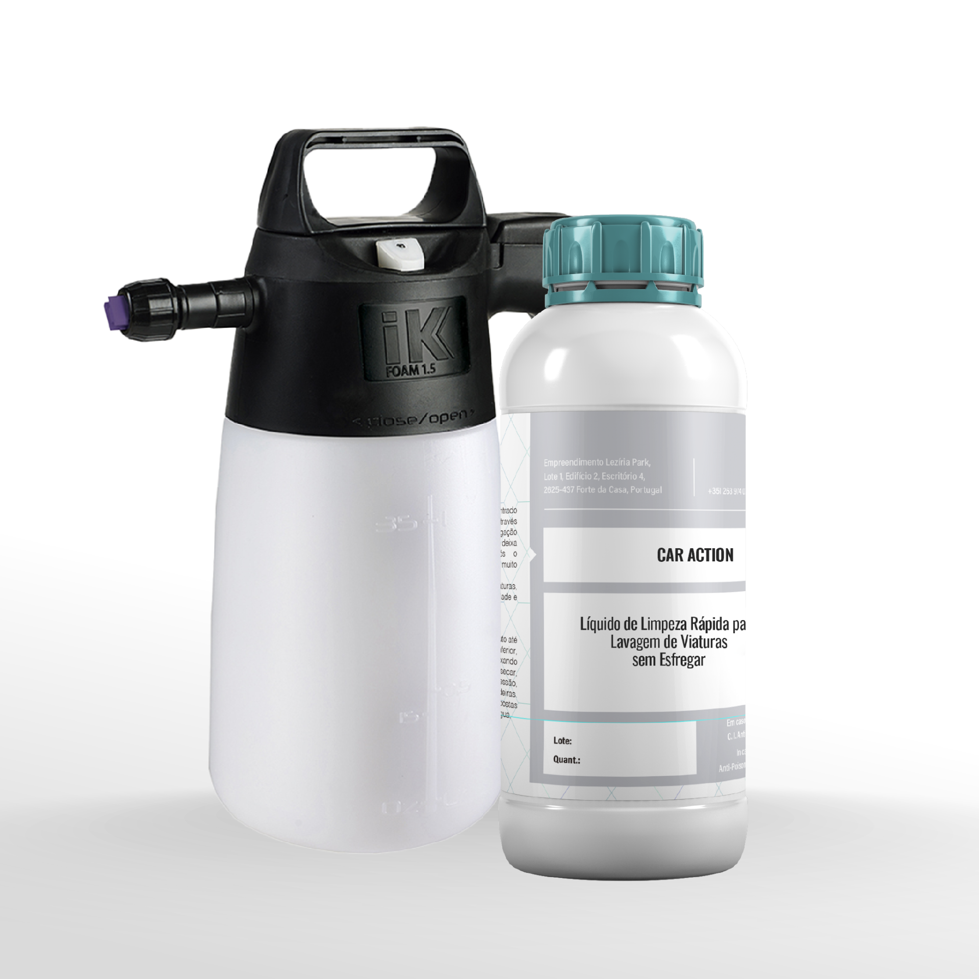 Pack Lavagem Auto - Car Action 1L | Pulverizador de Espuma FOAM Pulverizador iK FOAM 1.5 preto e branco com frasco de líquido de limpeza CAR ACTION branco