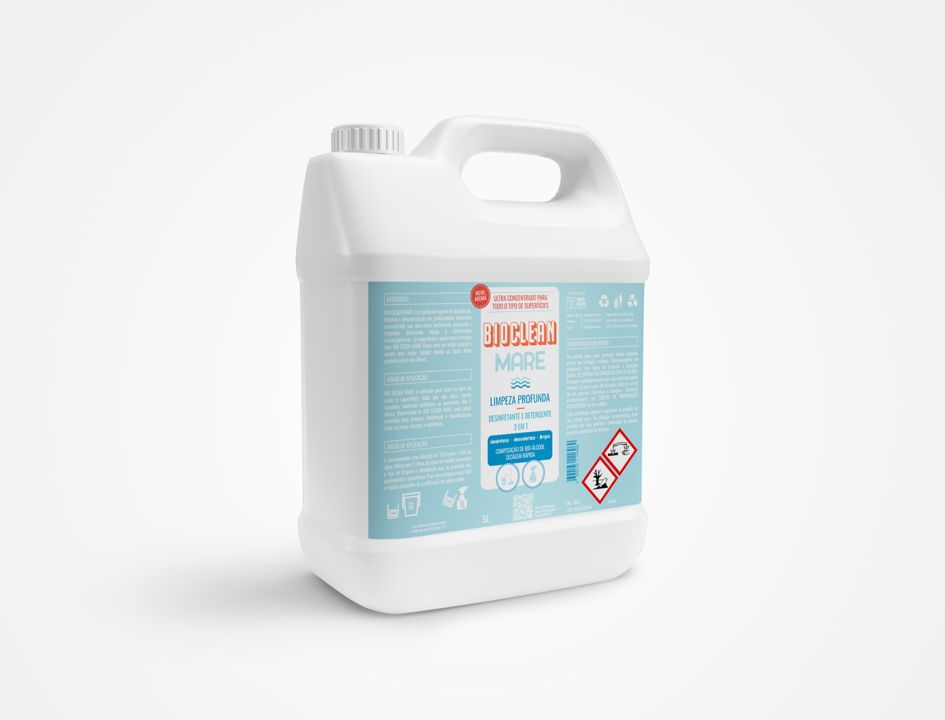 Detergente neutro multiusos - BIOCLEAN MARE Recipiente plástico branco com etiqueta azul de produto Bioclean Mare
