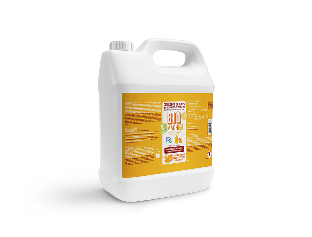 Detergente de Roupa Enzimático 3 em 1 para Nódoas e Odores Difíceis - BIOMACH PRO+PET Recipiente branco de detergente BIO MACH PRO PET com rótulo amarelo